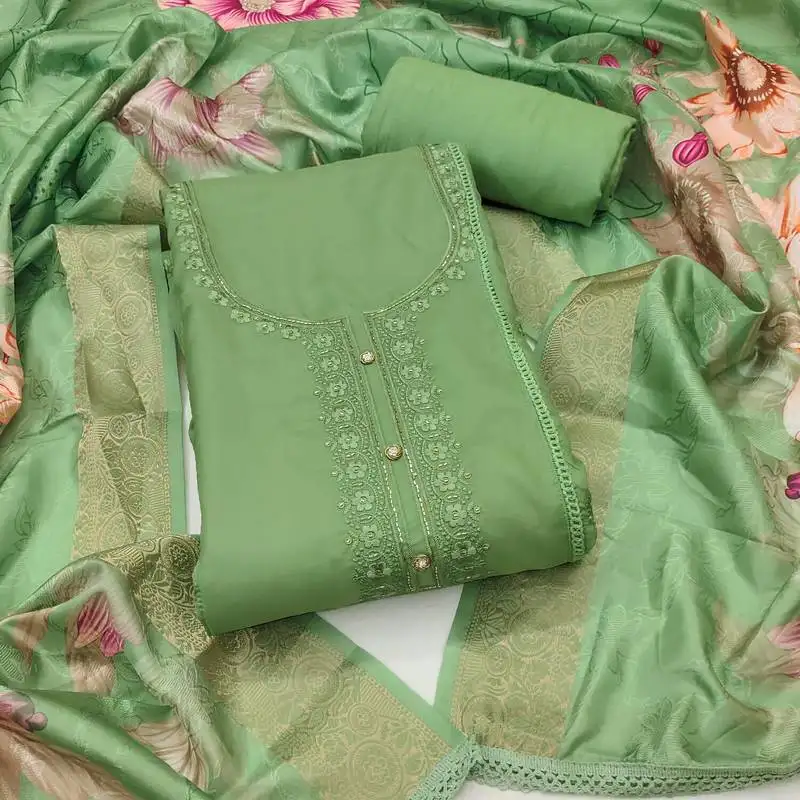 Women's light green unstitched thread embroidery handwork glass organza dress material (msmfc11588b)