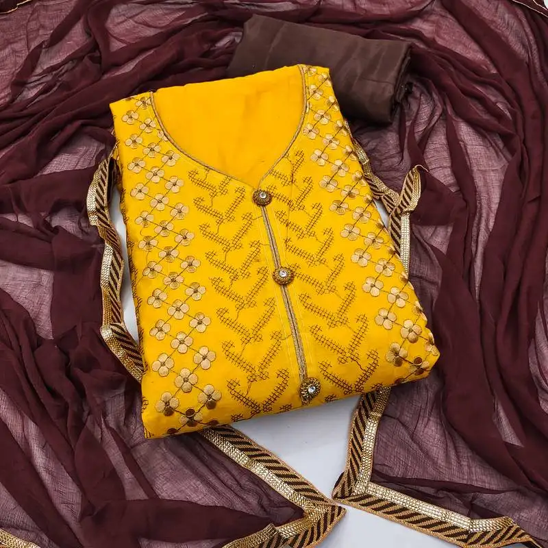 Women's yellow unstitched thread embroidery modal chanderi dress material (msmfc11590a)
