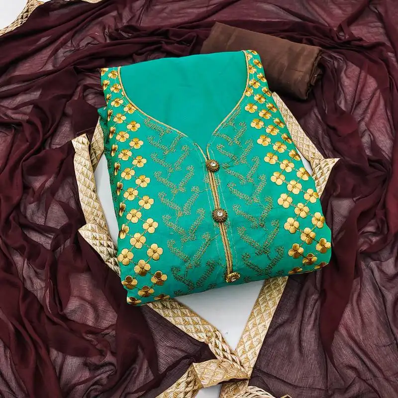 Women's sea green unstitched thread embroidery modal chanderi dress material (msmfc11590b)