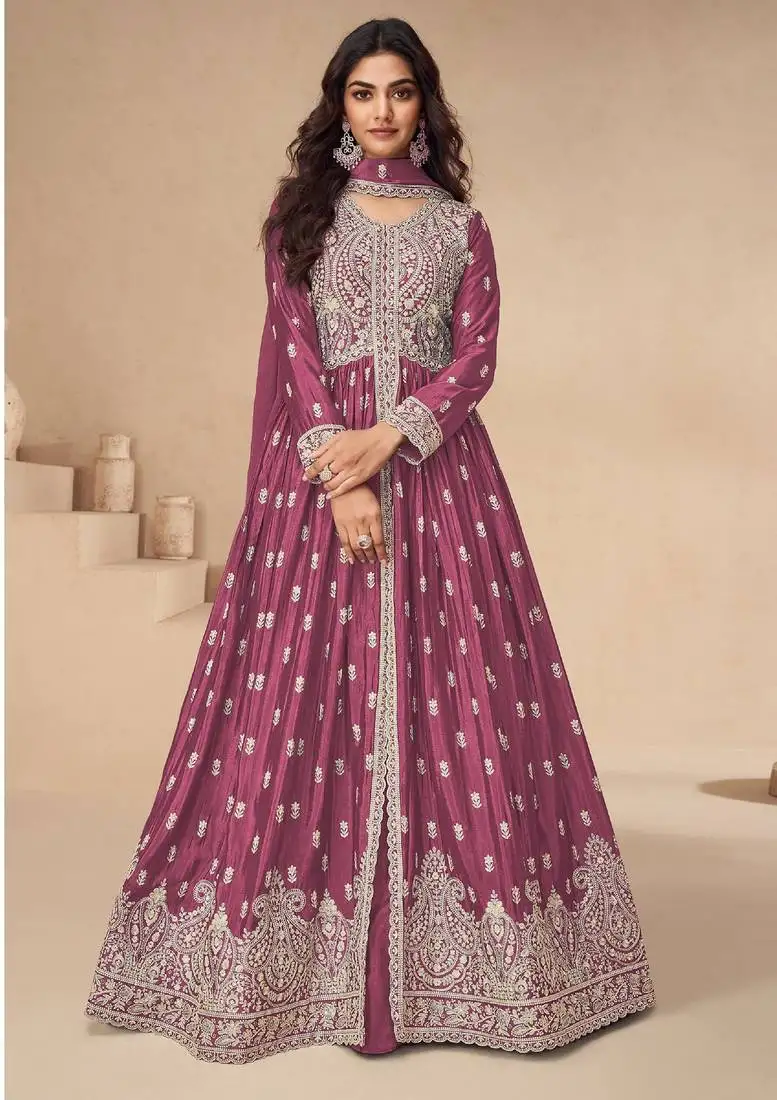 Magenta chinon silk mid slit embroidery front & back semi stitched wedding gown