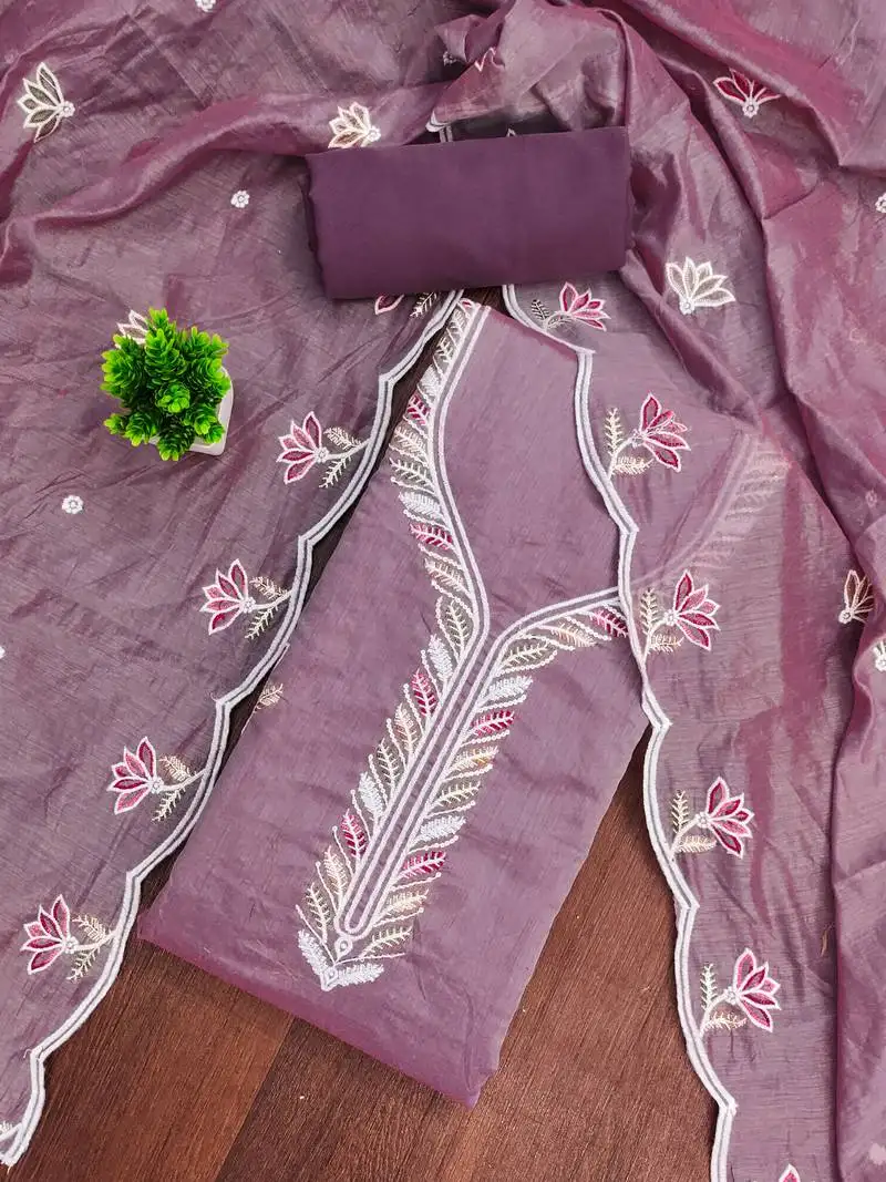 Women's levender unstitched thread sequence embroidery chanderi cotton dress material (mt620ldr)