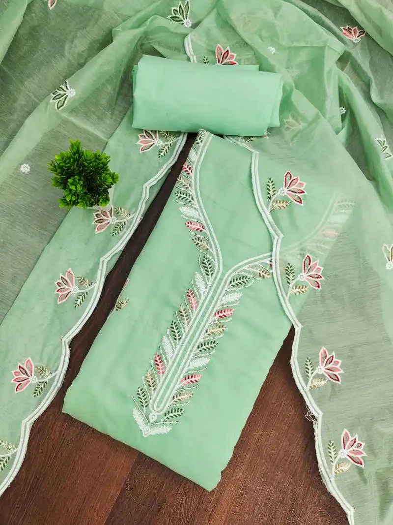 Women's light green unstitched thread sequence embroidery chanderi cotton dress material (mt620lgn)