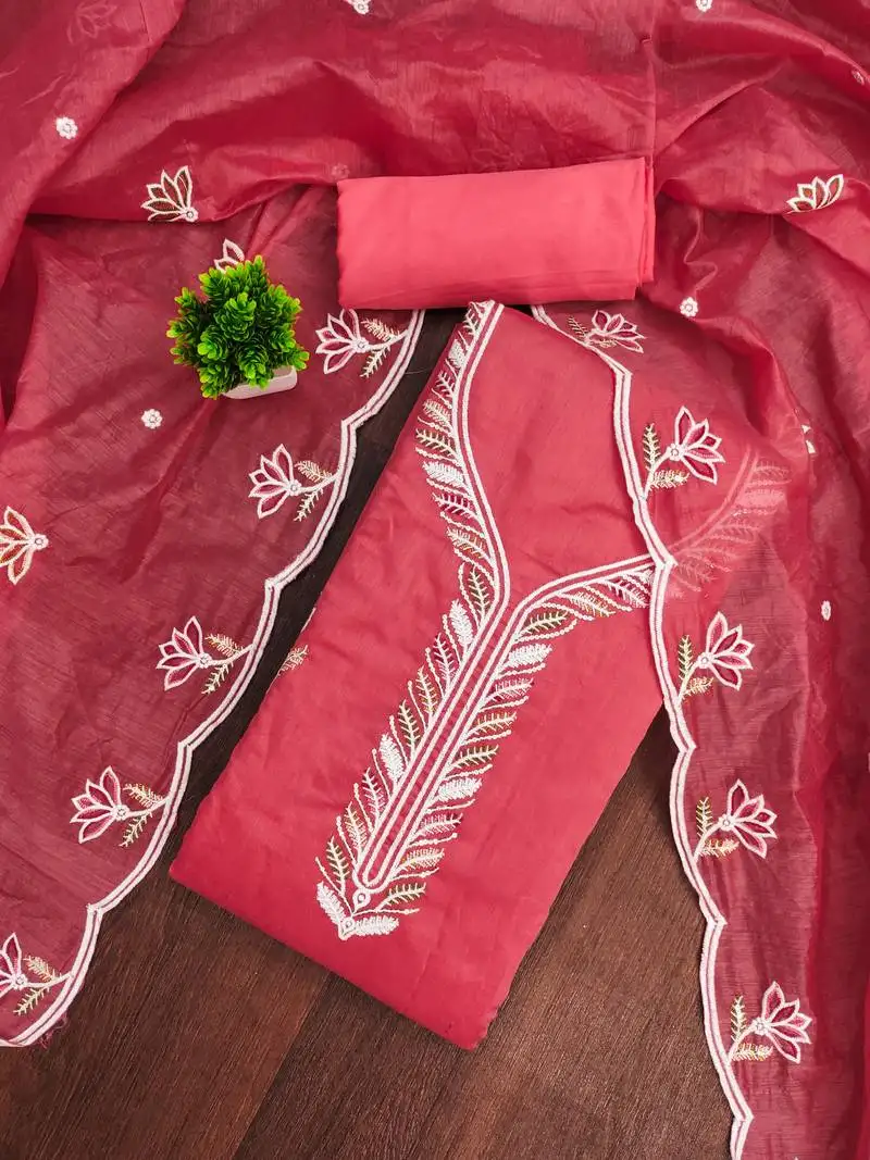 Women's pink unstitched thread sequence embroidery chanderi cotton dress material (mt620pnk)