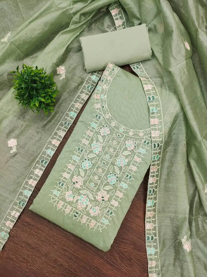 Women's light green unstitched thread embroidery chanderi cotton dress material (mt651lgn)