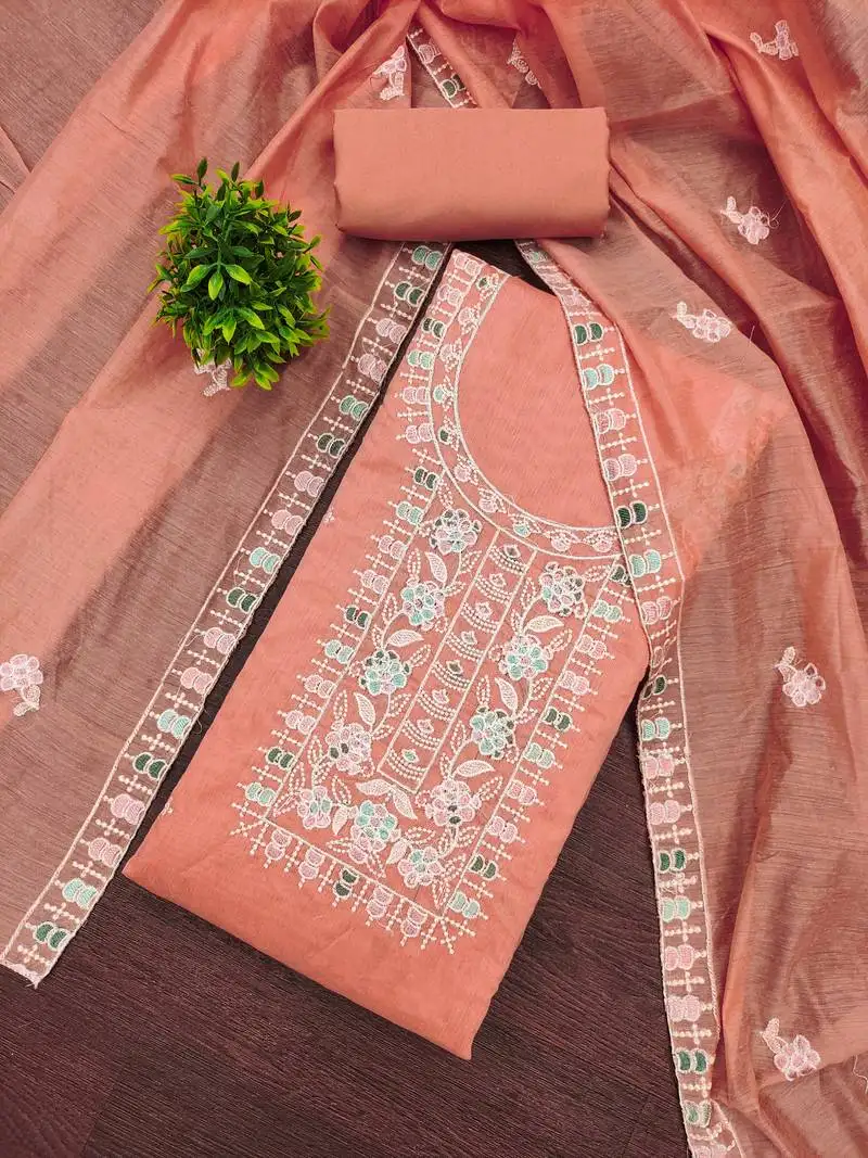 Women's peach unstitched thread embroidery chanderi cotton dress material (mt651pch)
