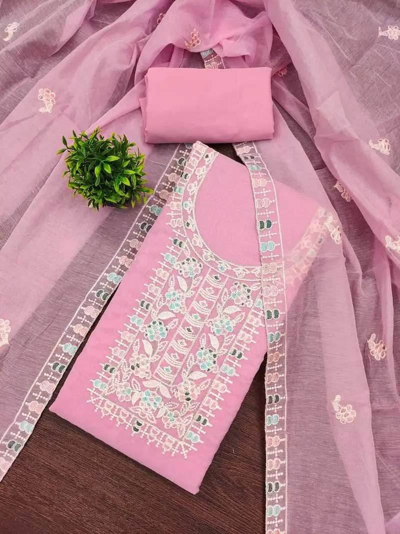 Women's pink unstitched thread embroidery chanderi cotton dress material (mt651pnk)