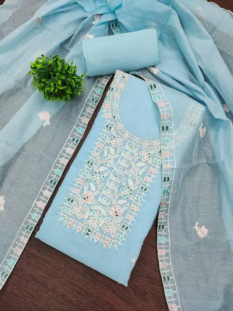 Women's sky blue unstitched thread embroidery chanderi cotton dress material (mt651sbl)
