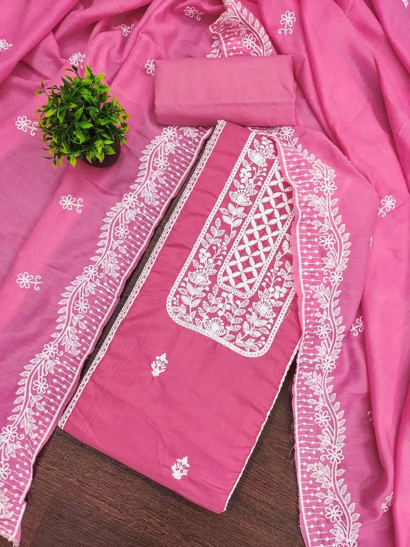 Women's pink unstitched thread embroidery parampara silk cotton dress material (mt652pnk)