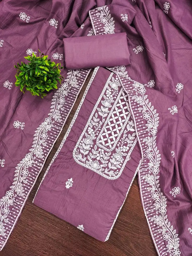 Women's purple unstitched thread embroidery parampara silk cotton dress material (mt652ppl)