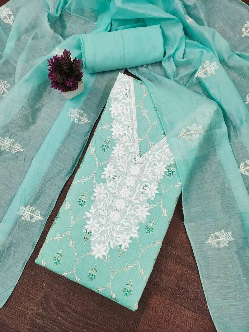 Women's sea green unstitched foil print embroidered modal chanderi dress material (mt653sgn)