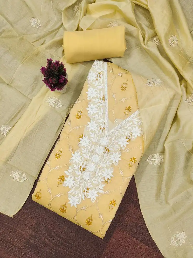Women's yellow unstitched foil print embroidered modal chanderi dress material (mt653ylw)