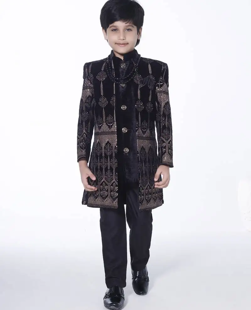 Black embroidered velvet indo-western set for kids