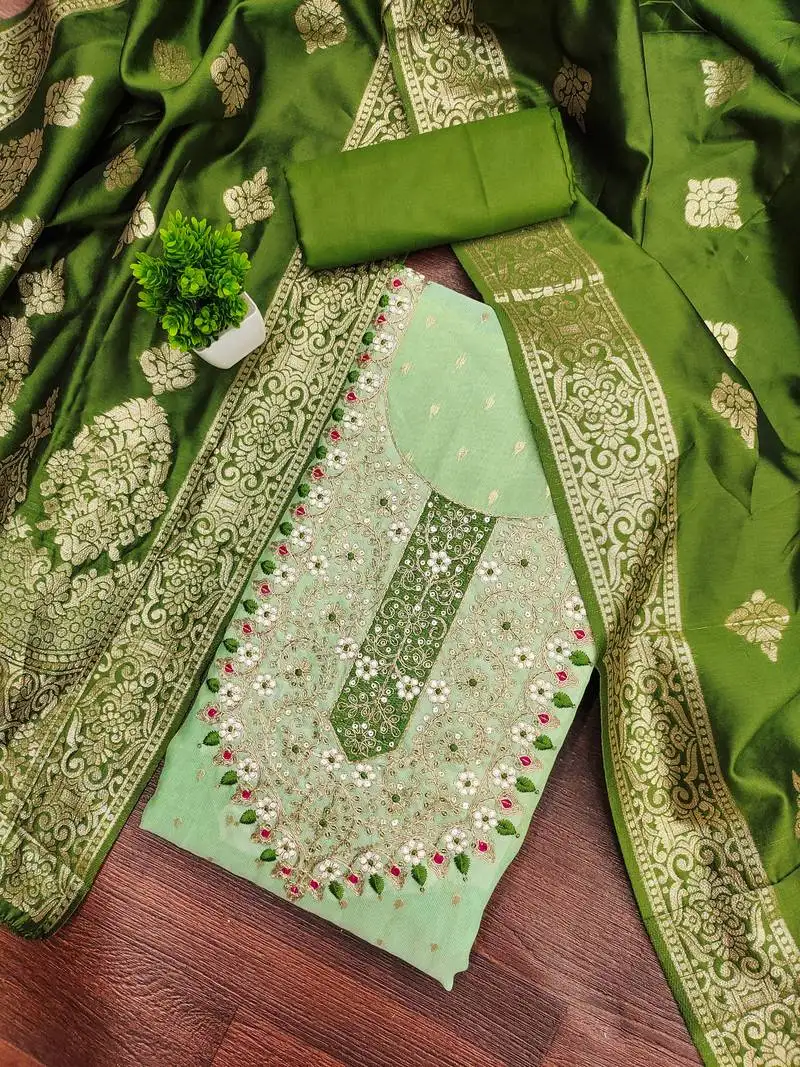 Women's light green unstitched weaving handwork simmar dress material (mt654grn)