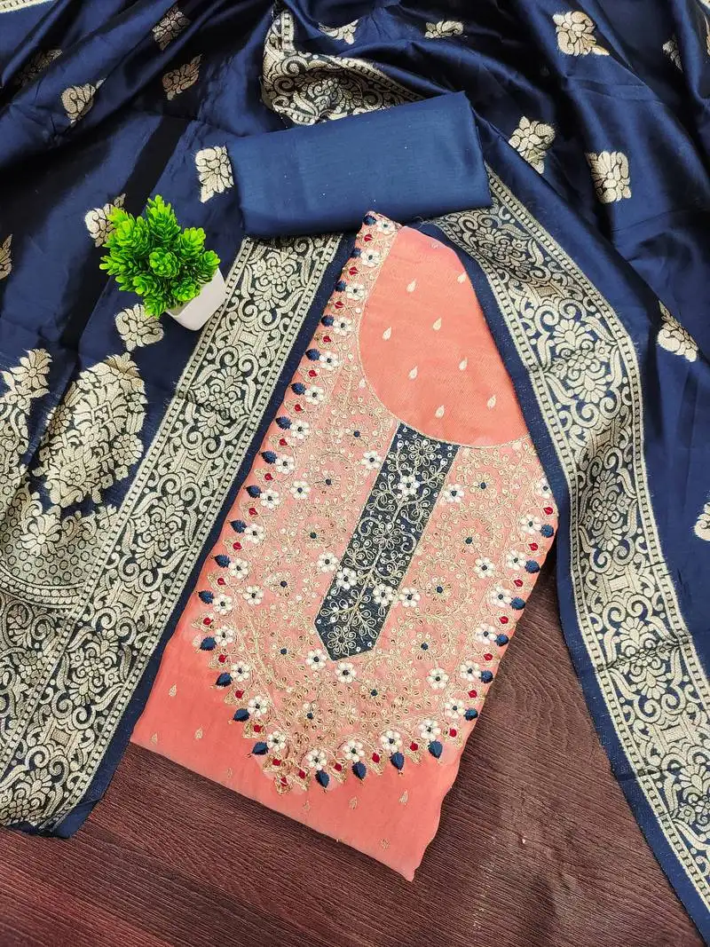 Women's peach unstitched weaving handwork simmar dress material (mt654pch)