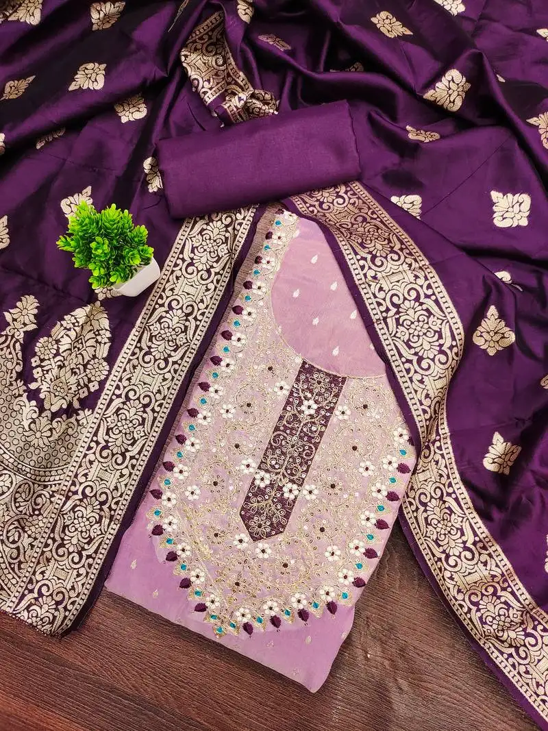 Women's purple unstitched weaving handwork simmar dress material (mt654ppl)
