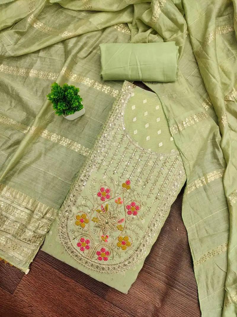 Women's light green unstitched weaving handwork simmar dress material (mt655lgn)