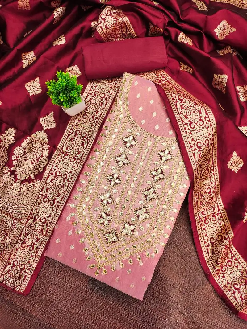 Women's pink unstitched weaving handwork simmar dress material (mt656pnk)