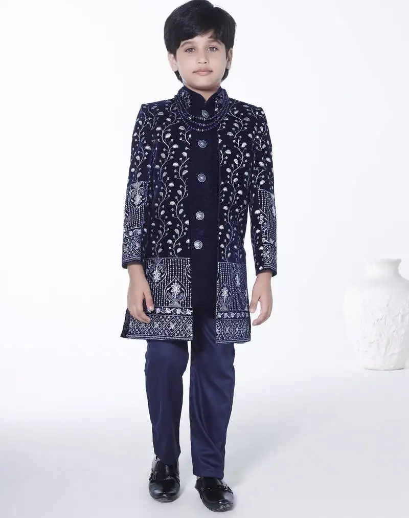 Royal blue embroidered velvet indo-western set for kids