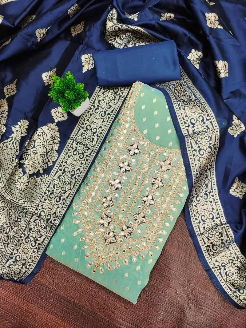 Women's sea green unstitched weaving handwork simmar dress material (mt656sgn)