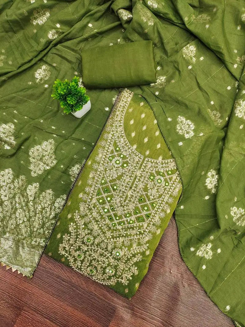 Women's olive green unstitched weaving handwork simmar dress material (mt657ogn)