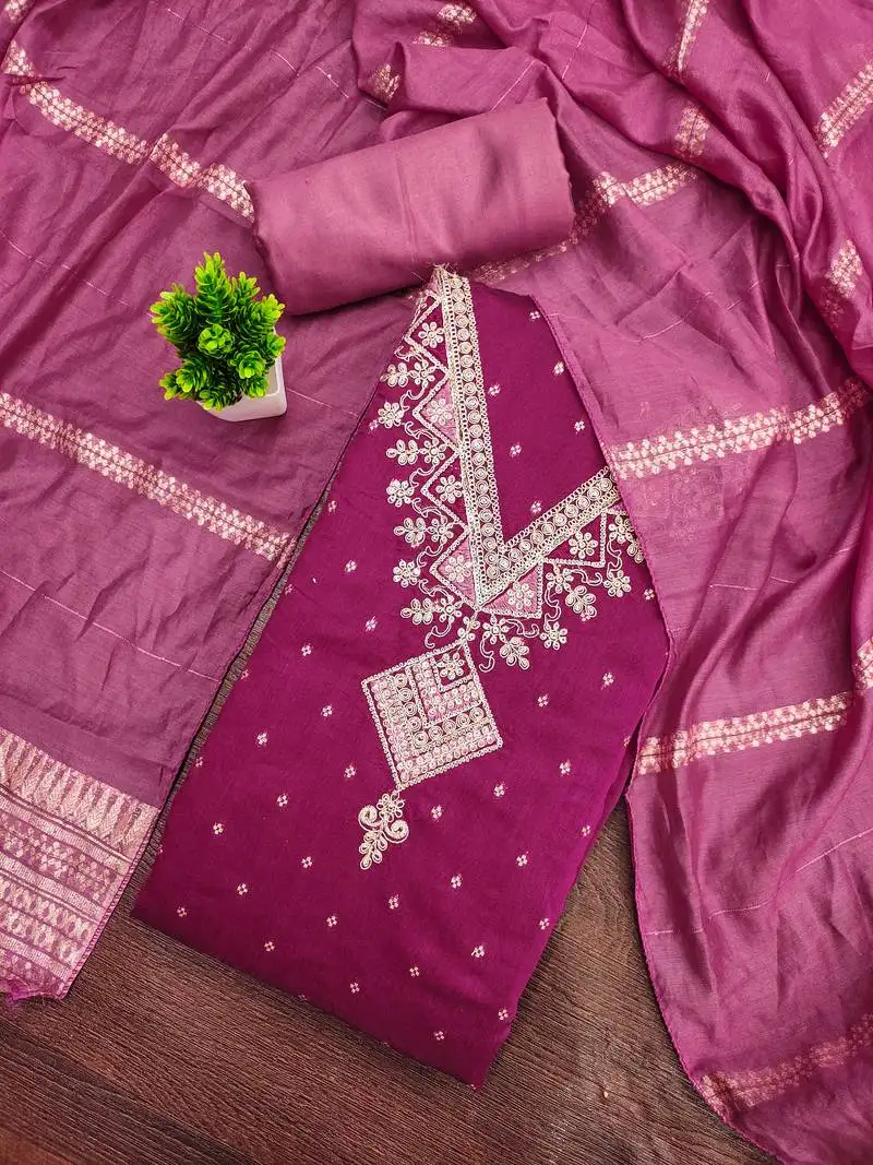 Women's pink unstitched weaving embroidered modal dress material (mt658pnk)