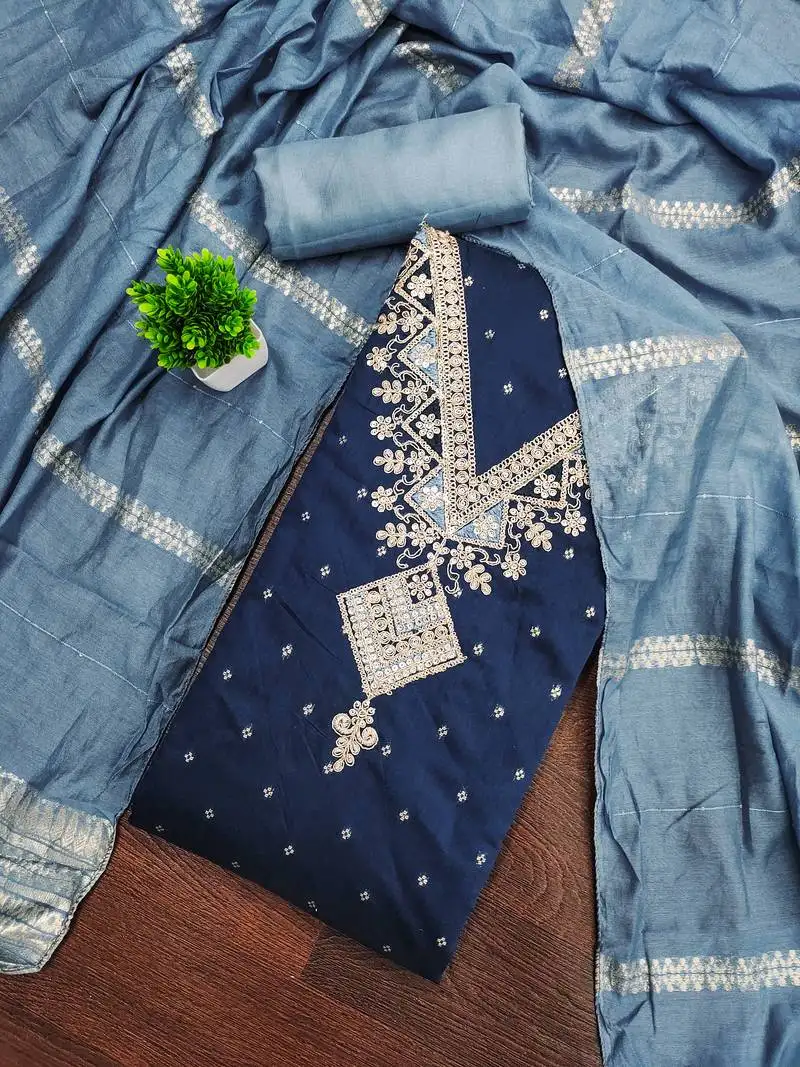 Women's teal blue unstitched weaving embroidered modal dress material (mt658tbl)