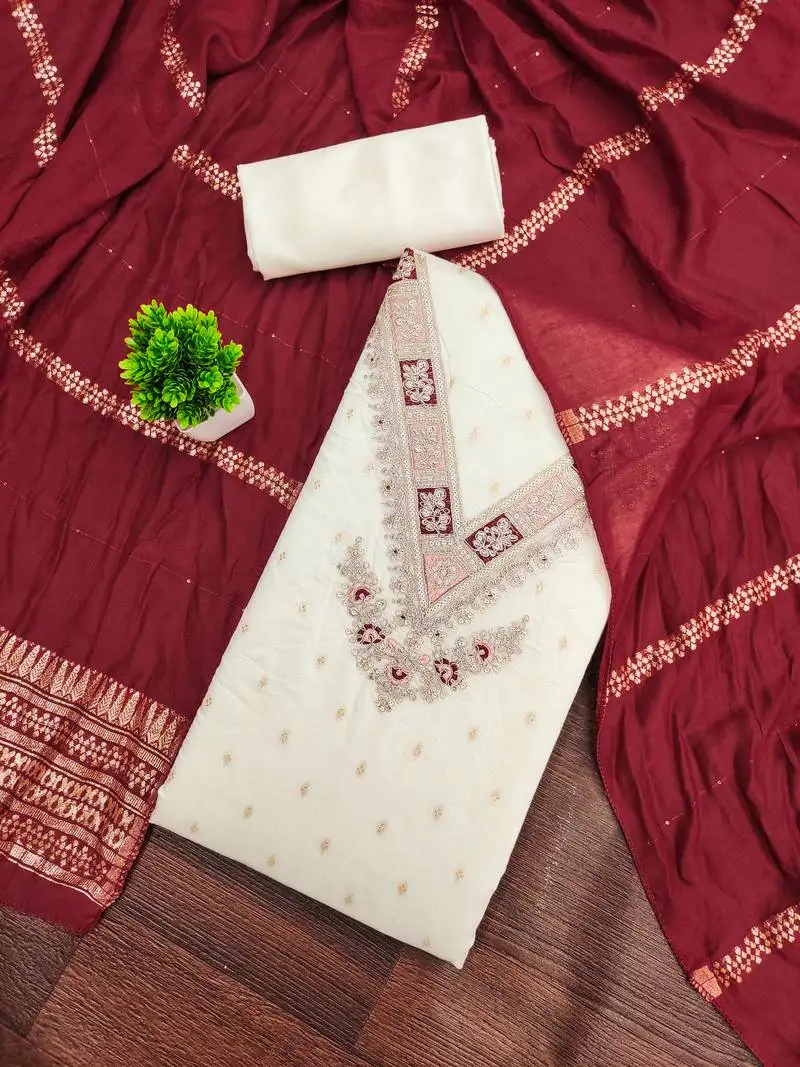 Women's white unstitched weaving embroidered modal dress material (mt659mrn)