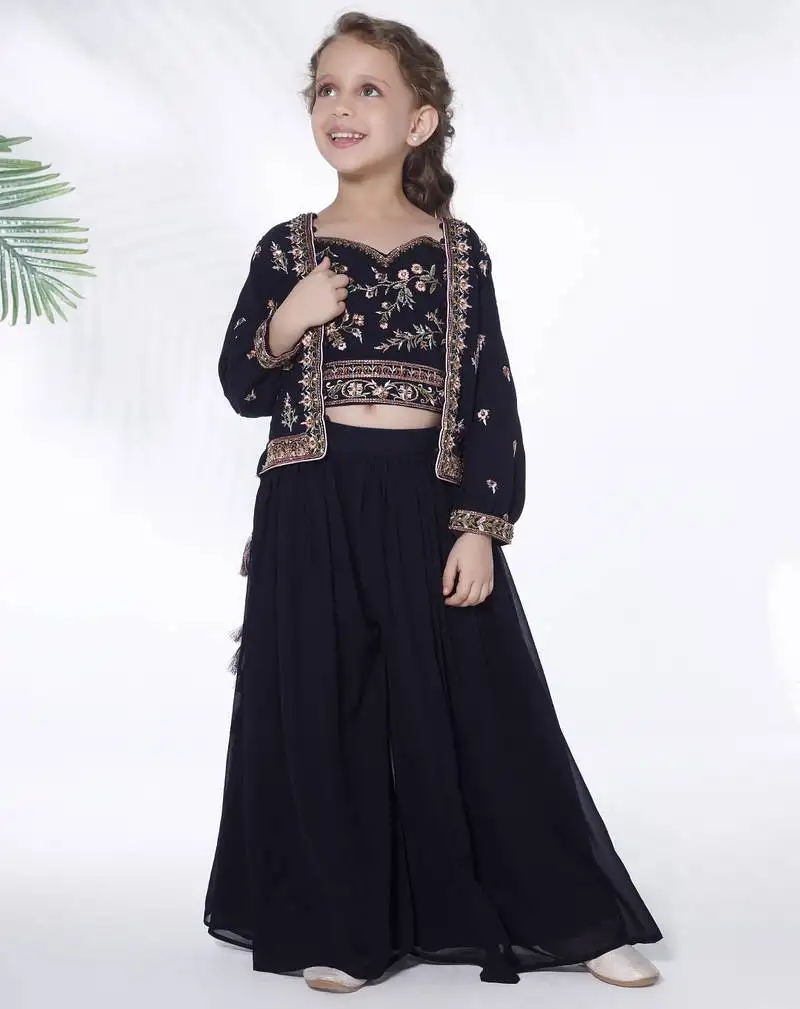 Navy blue hand embroidered georgette top with jacket and palazzo for kids
