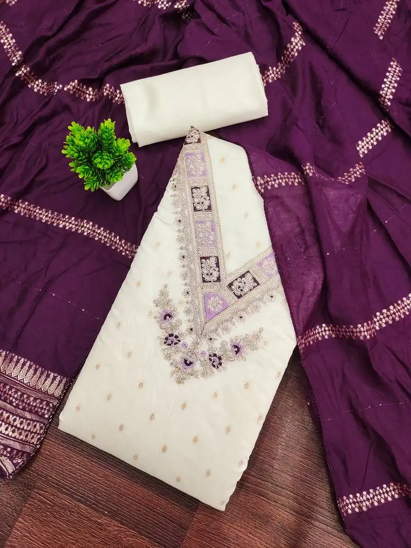 Women's white unstitched weaving embroidered modal dress material (mt659ppl)