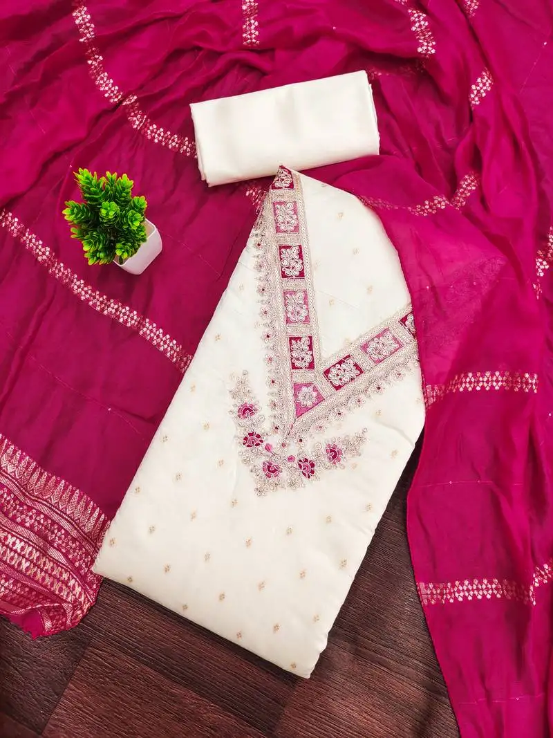 Women's white unstitched weaving embroidered modal dress material (mt659pnk)