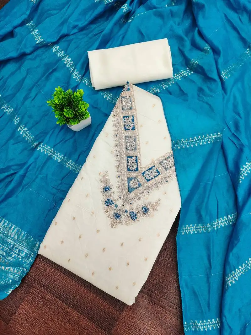 Women's white unstitched weaving embroidered modal dress material (mt659sbl)