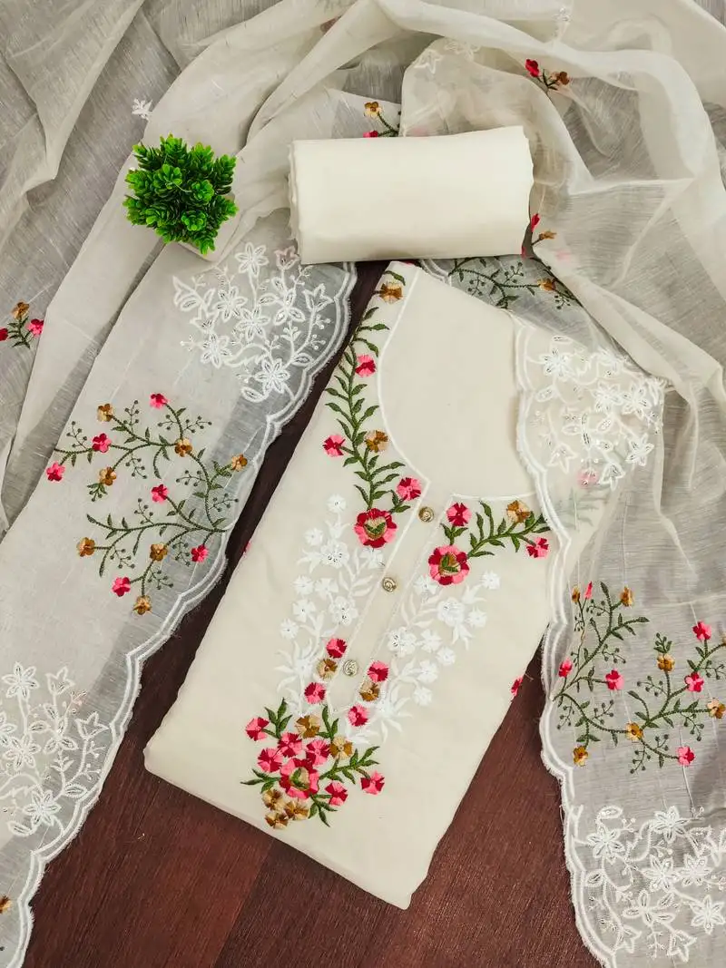 Women's cream unstitched thread embroidery chanderi cotton dress material (mt660crm)