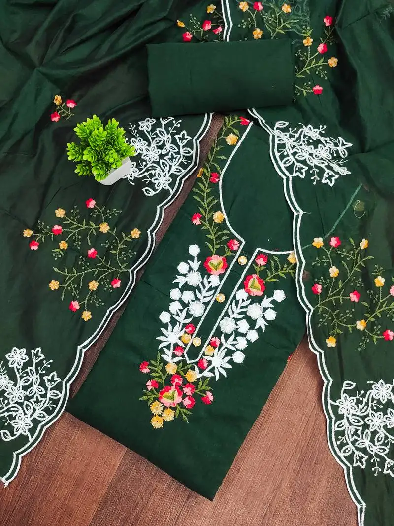 Women's green unstitched thread embroidery chanderi cotton dress material (mt660grn)