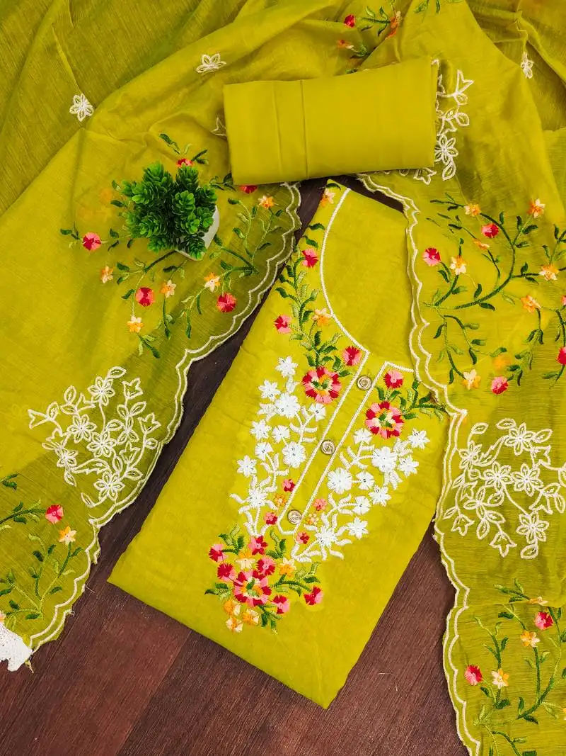 Women's mehandi unstitched thread embroidery chanderi cotton dress material (mt660mhd)