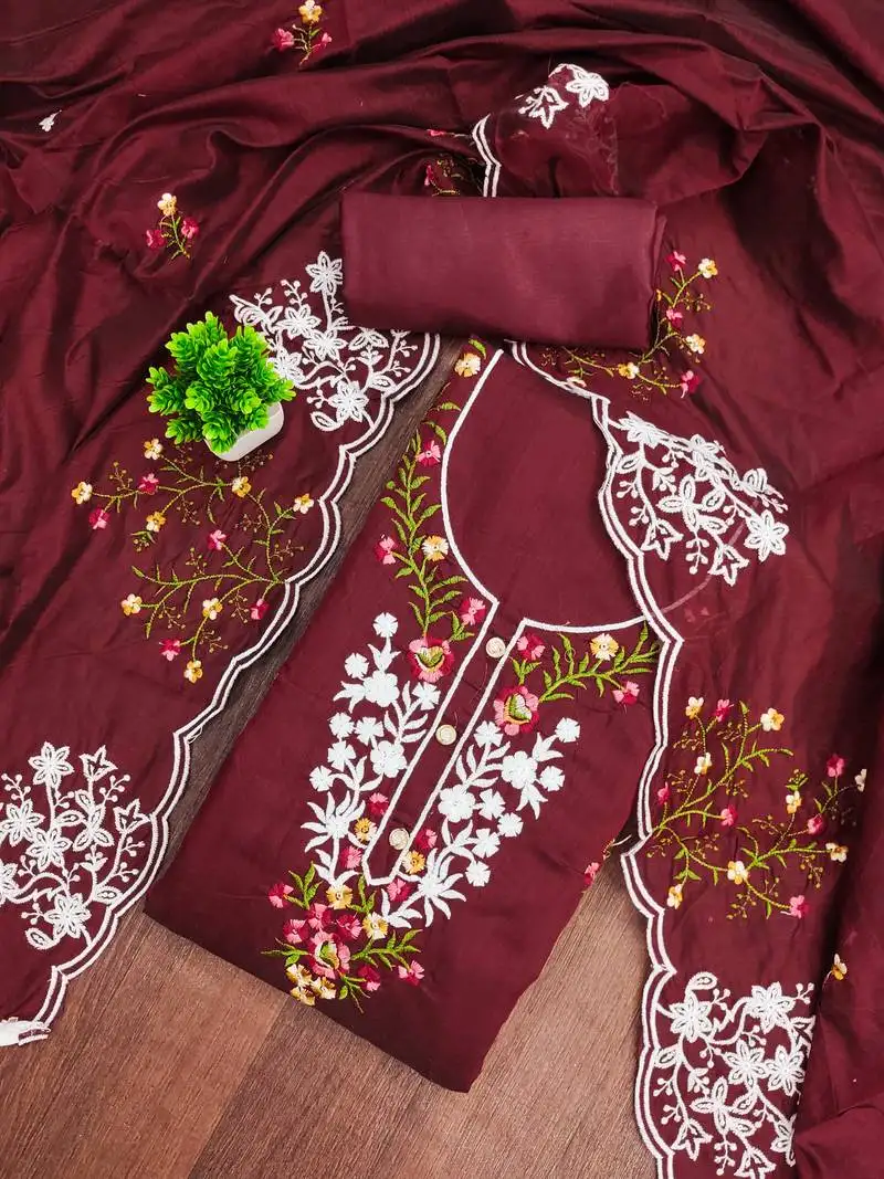 Women's maroon unstitched thread embroidery chanderi cotton dress material (mt660mrn)