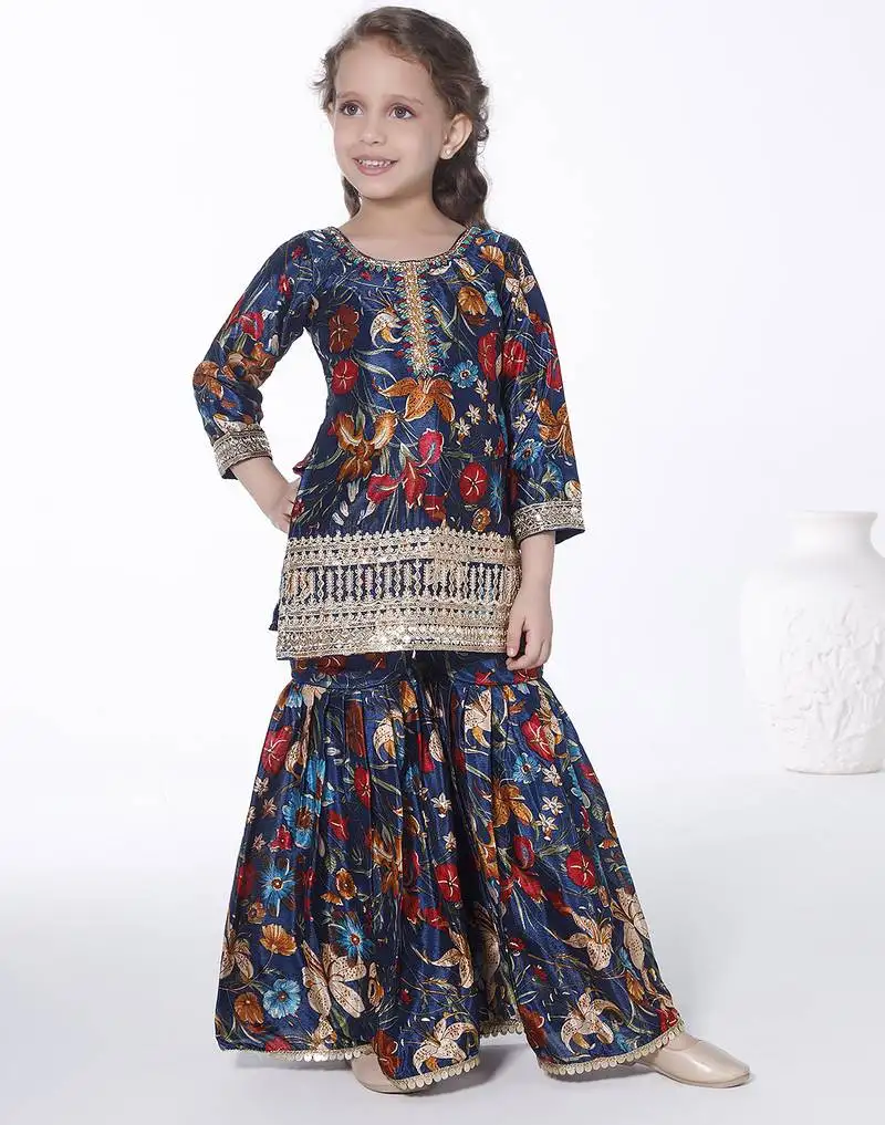 Teal embroidered floral printed chinon crepe silk kurta with sharara for kids