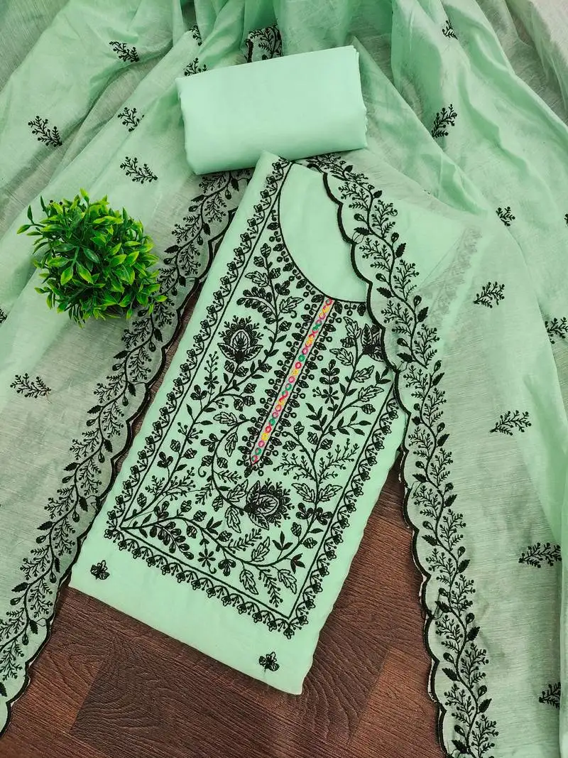 Women's light green unstitched thread embroidery chanderi cotton dress material (mt661lgn)