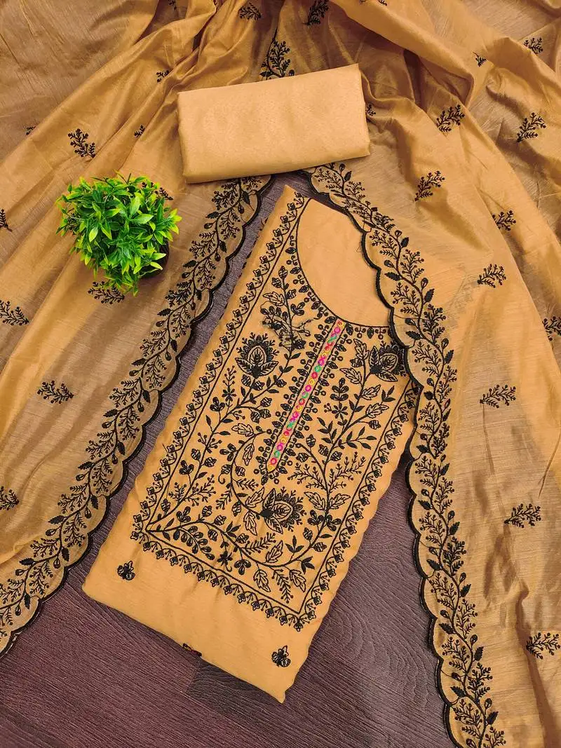 Women's mustard unstitched thread embroidery chanderi cotton dress material (mt661mtd)
