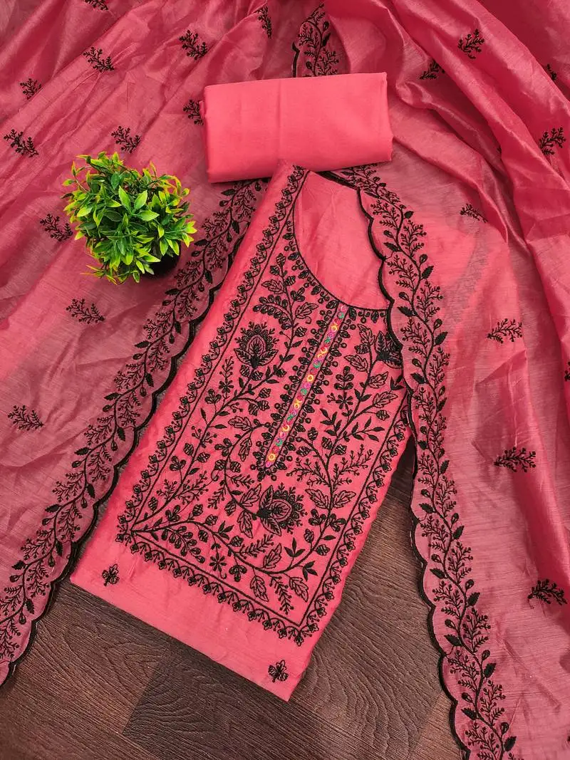 Women's pink unstitched thread embroidery chanderi cotton dress material (mt661pnk)