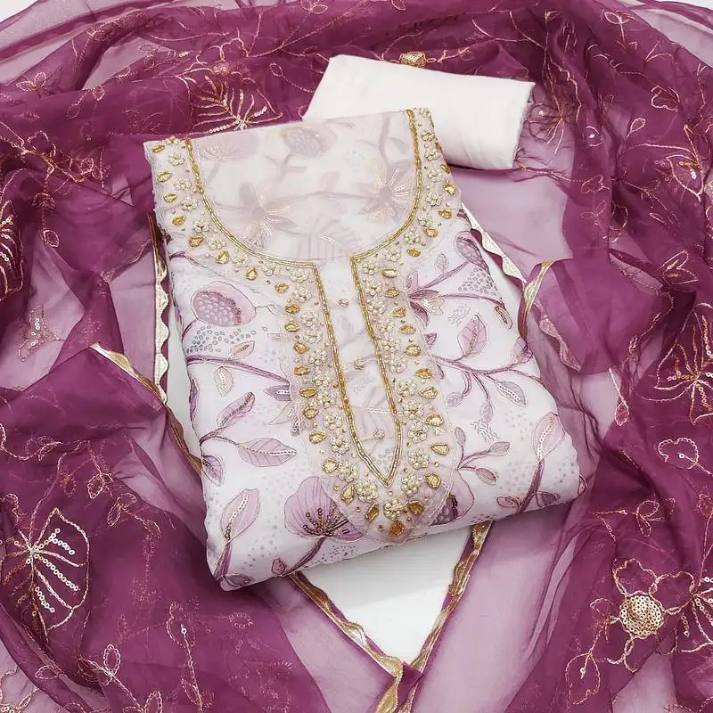 Women's cream unstitched sequence digital position print viscose organza dress material (msmfc11572c)