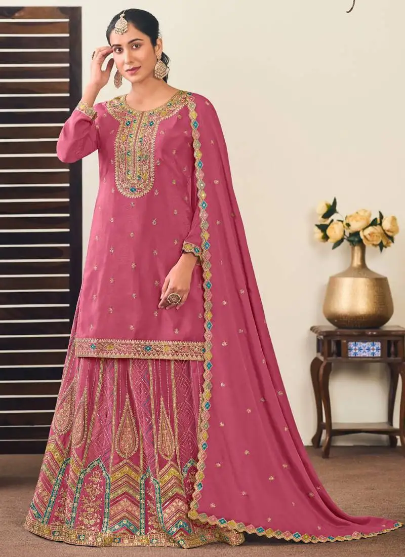 Peach chinon silk embroidered straight style suit stitched