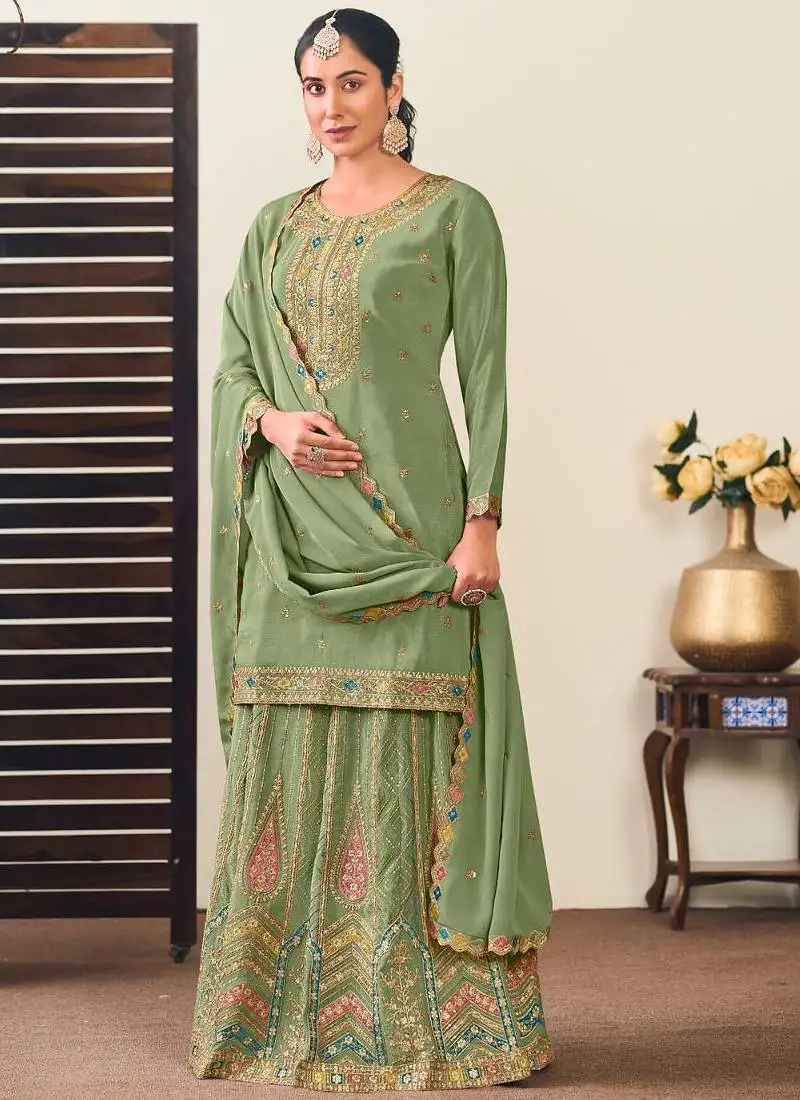 Pista green chinon silk embroidered straight style suit stitched