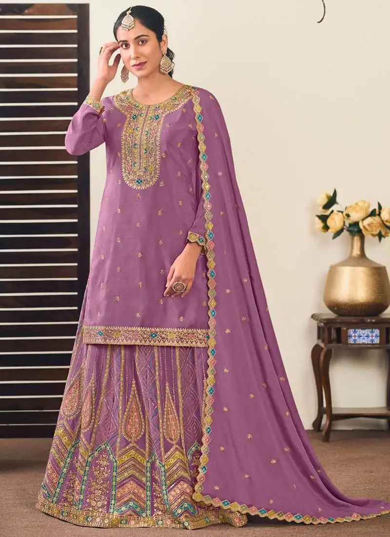 Lavender chinon silk embroidered skirt style suit stitched