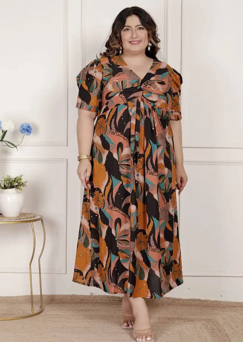 Miravan womens plus size pure cotton black puff sleeve floral printed butterfly maxi dress