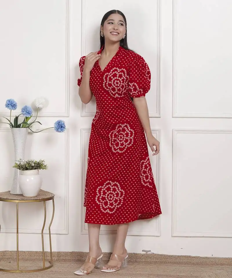 Miravan womens red bandhani printed collar neck maxi dress