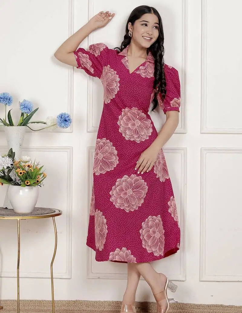Miravan womens pink printed collar neck short puff sleeves cotton a-line maxi dress stitched