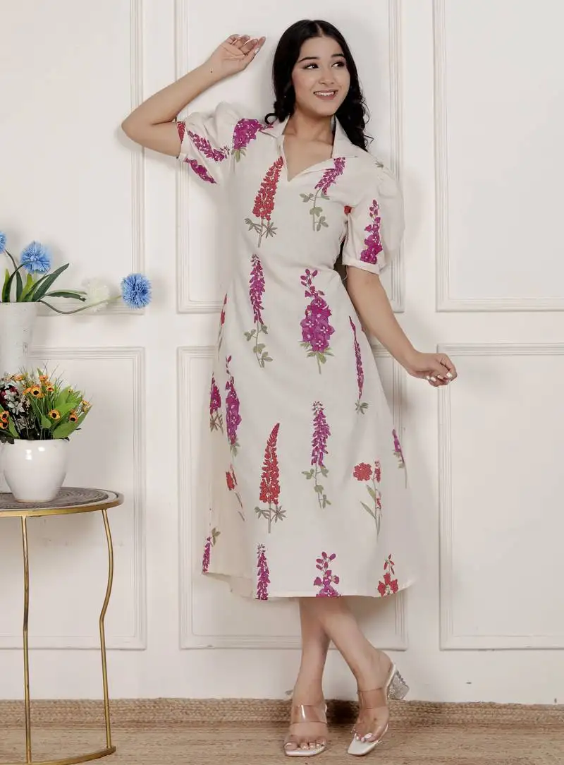 Miravan womens off white flower printed cotton flex maxi dress stitched