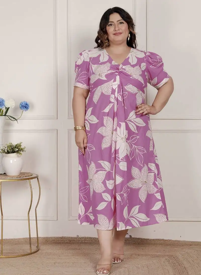 Miravan womens plus size pink floral print puff sleeve pure cotton fit flare butterfly maxi dress stitched