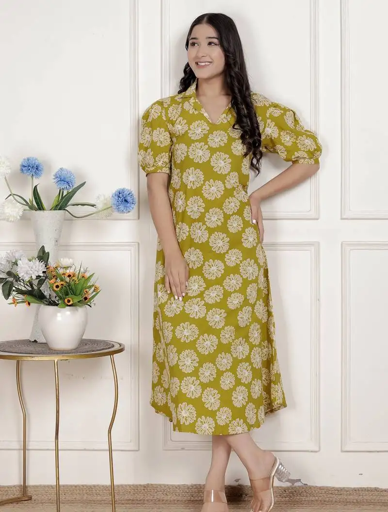 Miravan women's yellow printed puff sleeve floral maxi party dress stitched