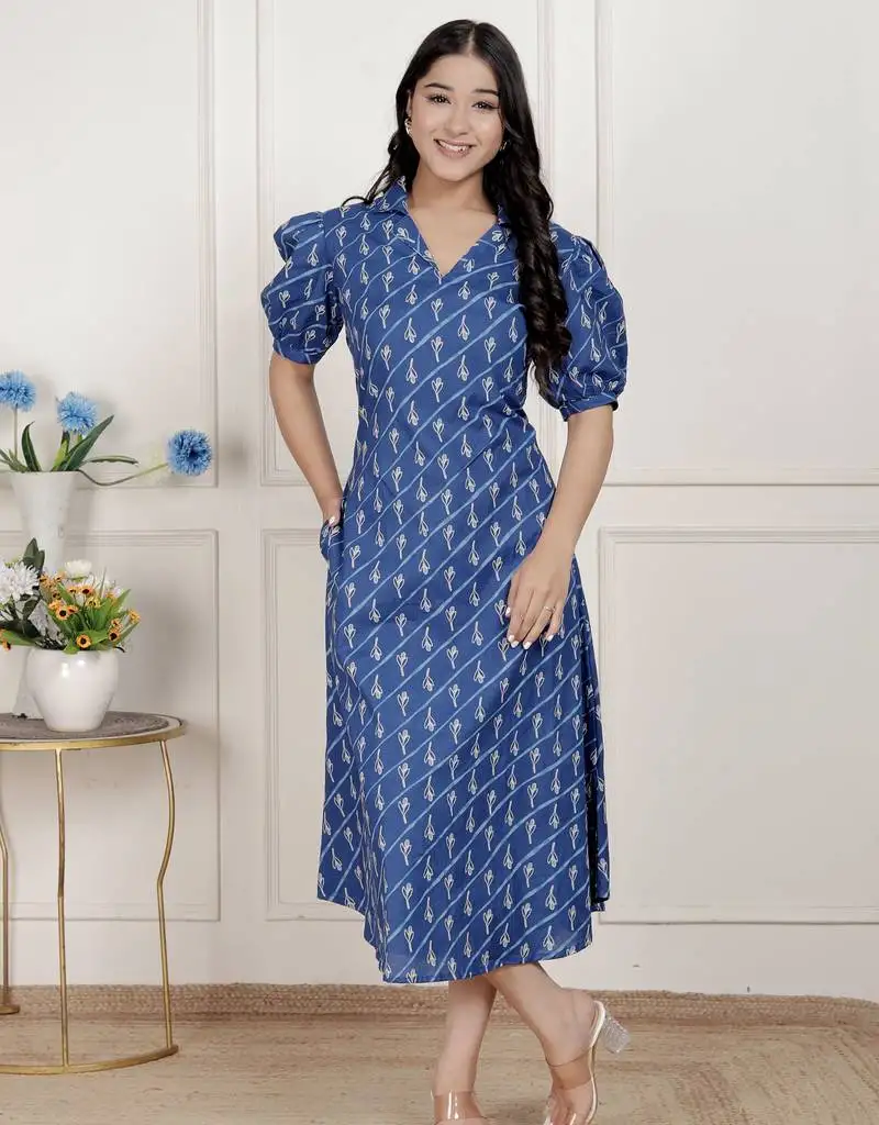 Miravan womens floral print collar-neck puff sleeves a-line maxi dress